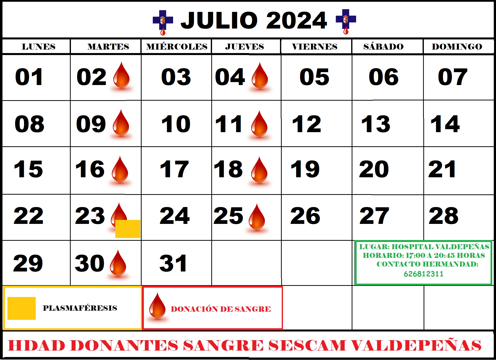 Días hábiles de donación de sangre en el Hospital General de Valdepeñas durante el mes de julio de 2024 Días hábiles de donación de sangre en el Hospital General de Valdepeñas durante el mes de julio de 2024