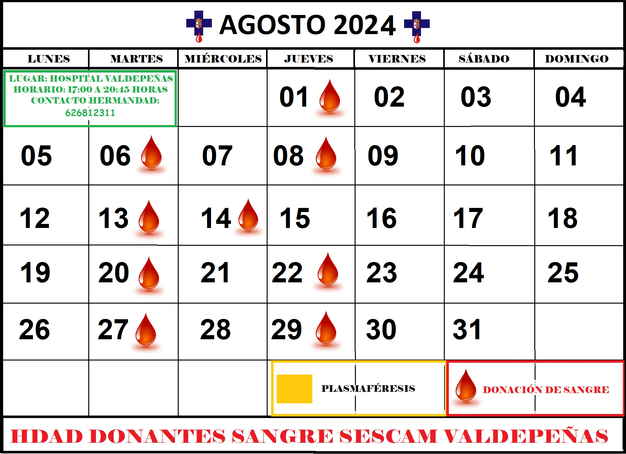Días hábiles de donación de sangre en el Hospital General de Valdepeñas durante el mes de agosto de 2024 Días hábiles de donación de sangre en el Hospital General de Valdepeñas durante el mes de agosto de 2024