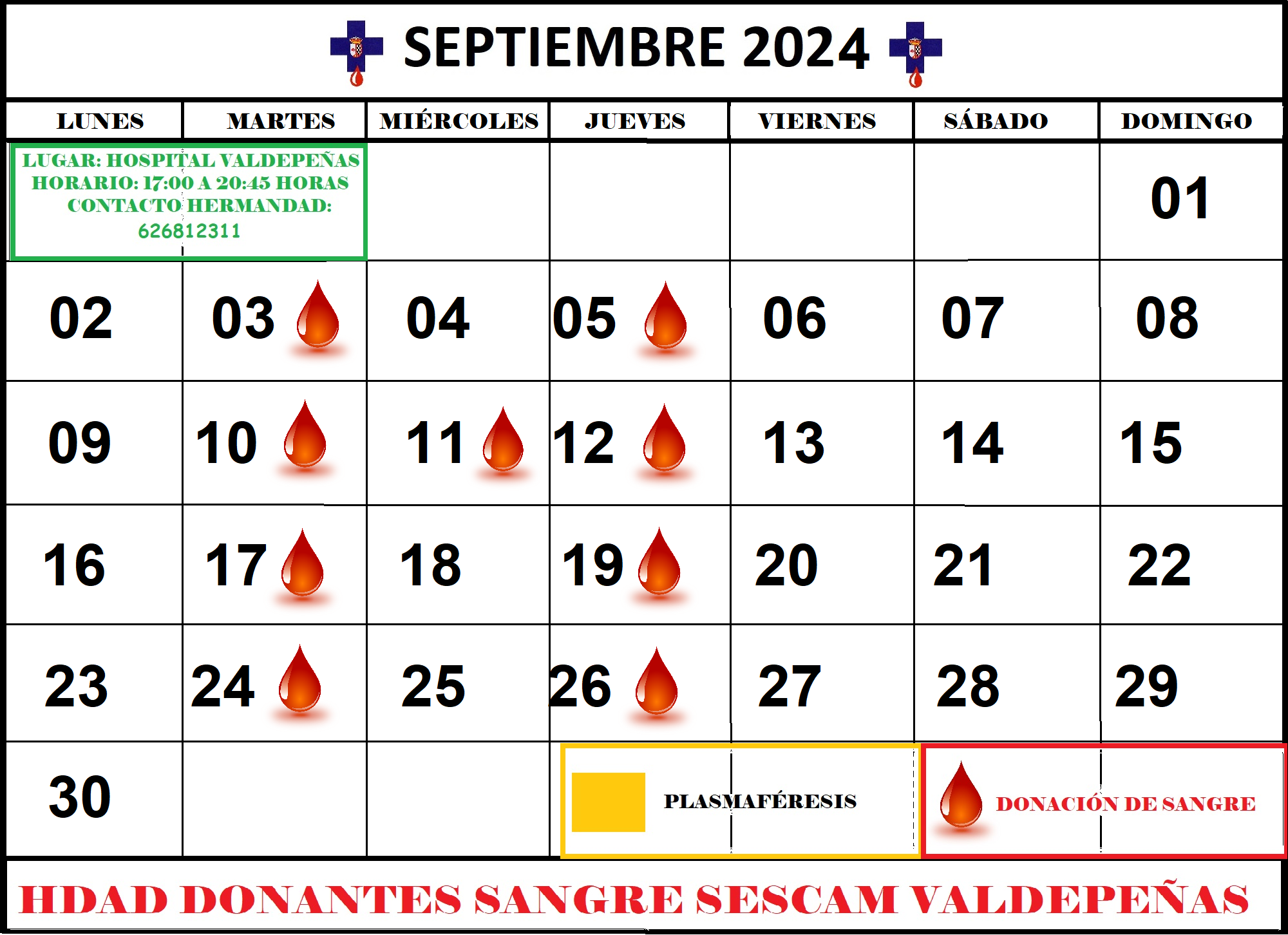 Días hábiles de donación de sangre en el Hospital General de Valdepeñas durante el mes de septiembre de 2024 Días hábiles de donación de sangre en el Hospital General de Valdepeñas durante el mes de septiembre de 2024