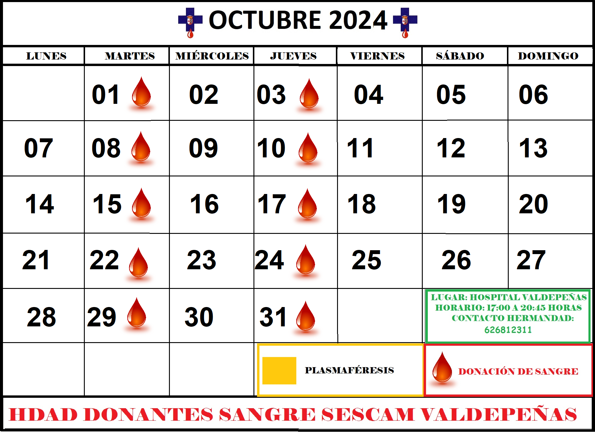 Días hábiles de donación de sangre en el Hospital General de Valdepeñas durante el mes de octubre de 2024 Días hábiles de donación de sangre en el Hospital General de Valdepeñas durante el mes de octubre de 2024