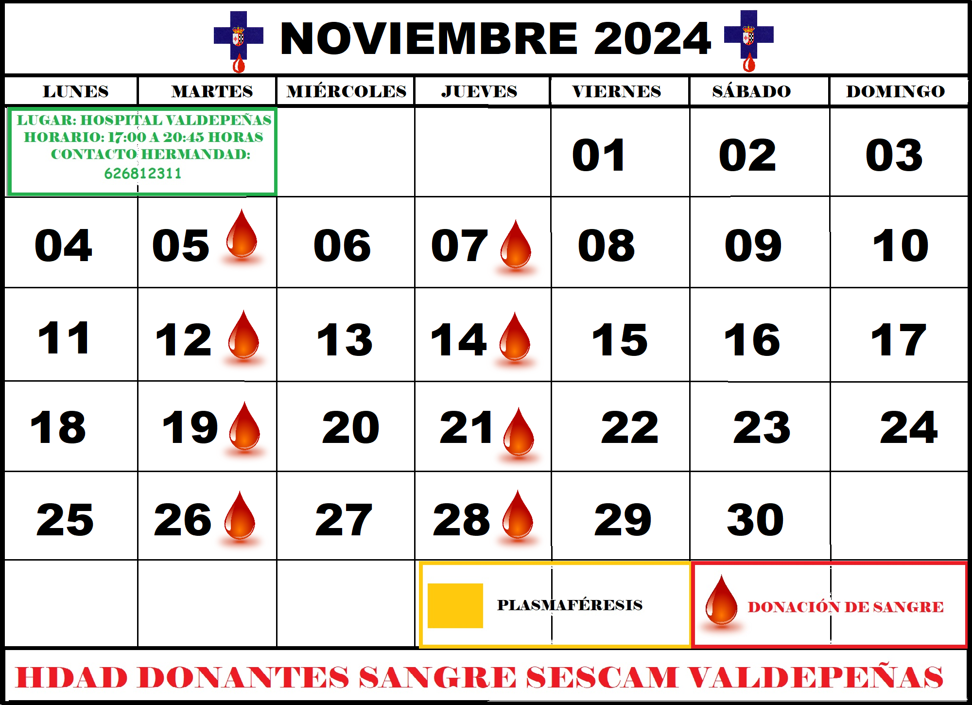 Días hábiles de donación de sangre en el Hospital General de Valdepeñas durante el mes de noviembre de 2024 Días hábiles de donación de sangre en el Hospital General de Valdepeñas durante el mes de noviembre de 2024
