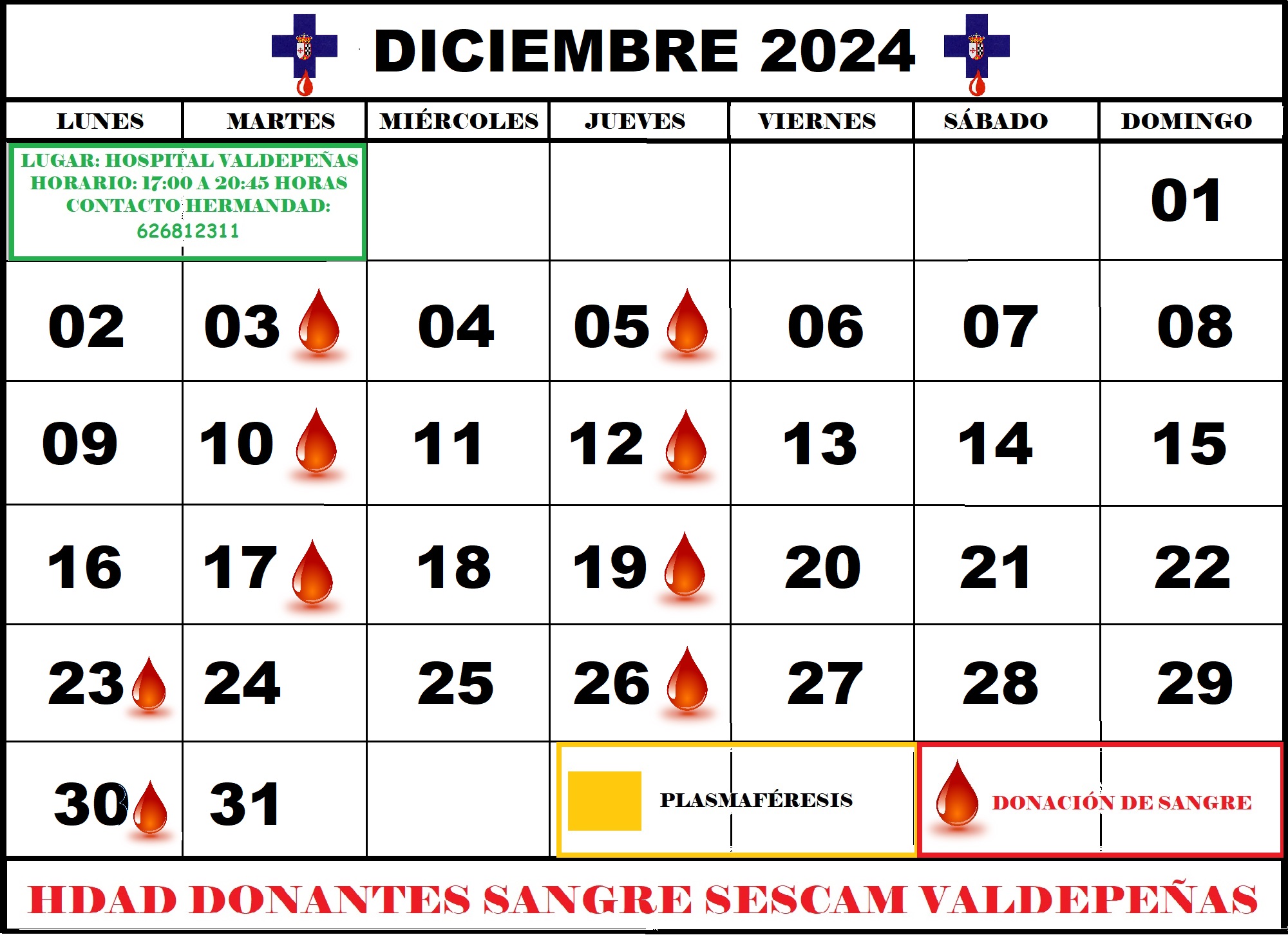 Días hábiles de donación de sangre en el Hospital General de Valdepeñas durante el mes de diciembre de 2024 Días hábiles de donación de sangre en el Hospital General de Valdepeñas durante el mes de diciembre de 2024