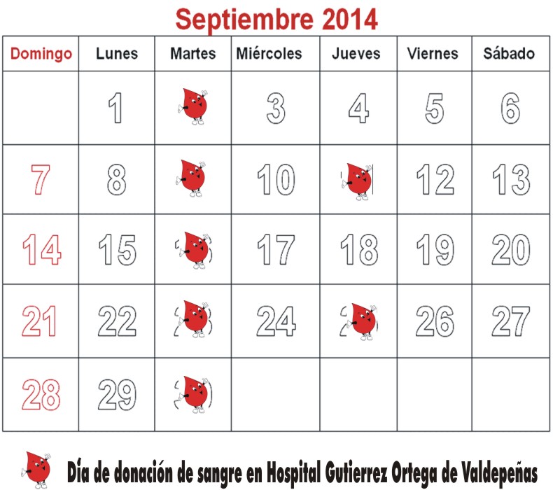 calendario de donaciones de sangre durante el mes de septiembre en Valdepeñas que te muestra Centro de lavado de coches Elefante Azul Valdepeñas.