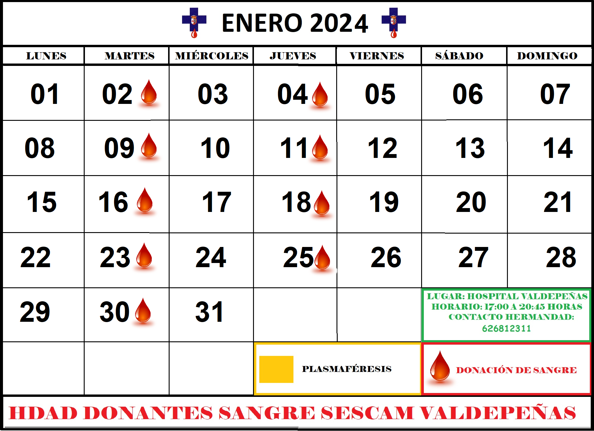 Días hábiles de donación de sangre en el Hospital General de Valdepeñas durante el mes de enero de 2024