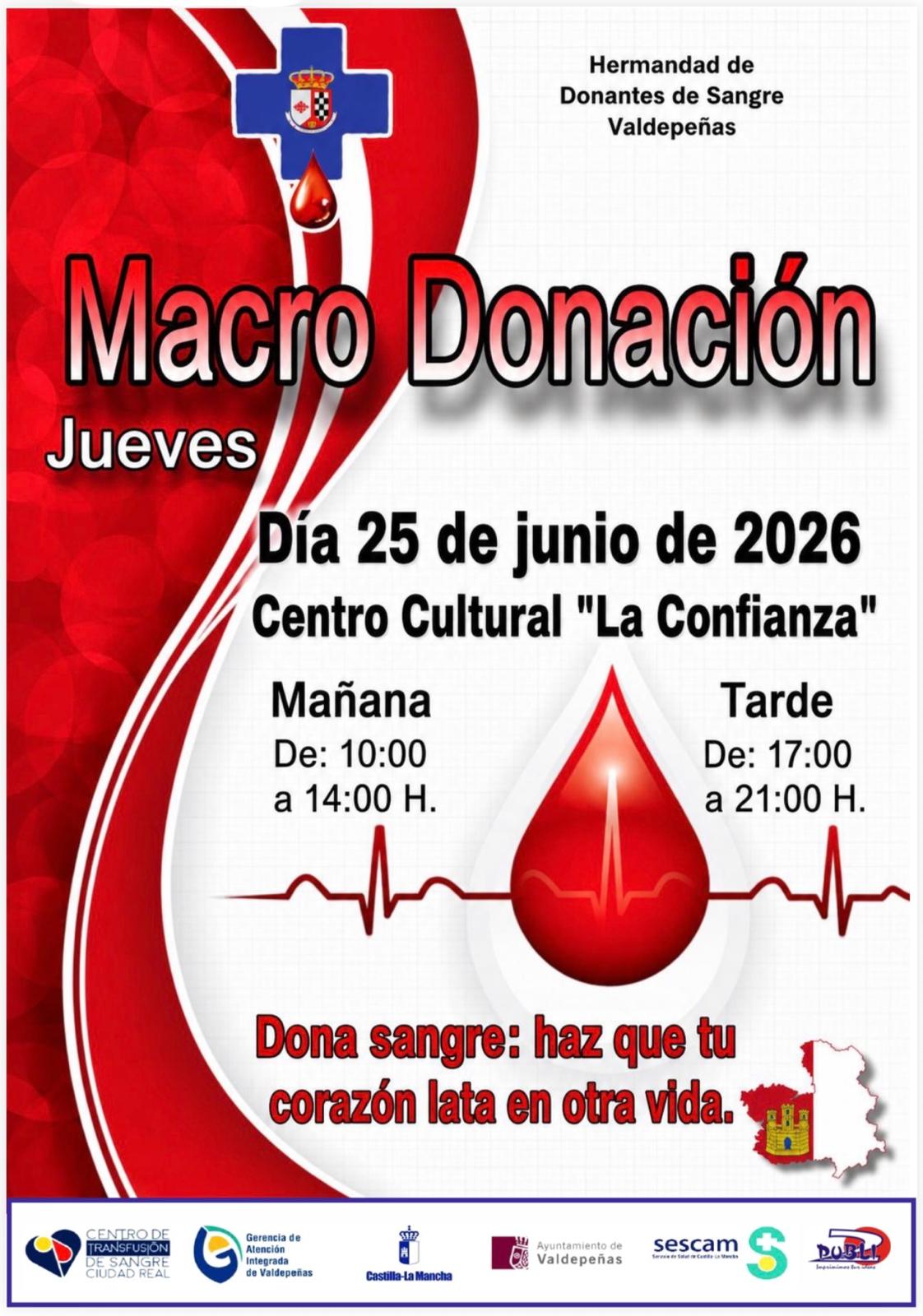 Macro donación de sangre en Valdepeñas cartel anunciador Macro Donación en Valdepeñas el 25/06/2026 en el Centro Cultural La Confianza